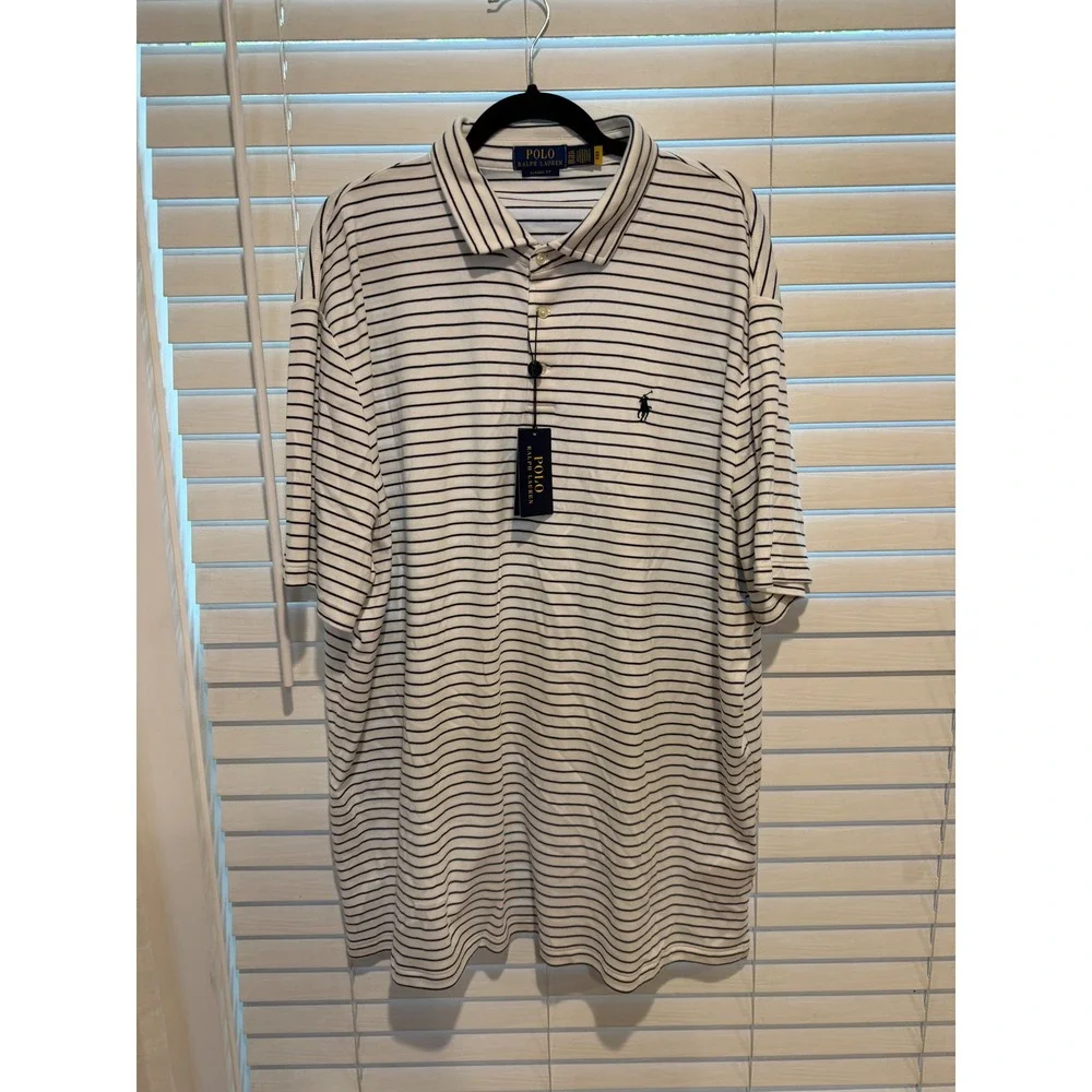 Polo‎ Ralph Lauren Mens XXL Classic Fit Striped Short Sleeve Polo  White Blue